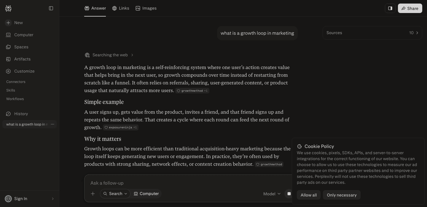 Perplexity's answer to "what is a growth loop in marketing," broken into three labeled sections, each with its own inline source citation