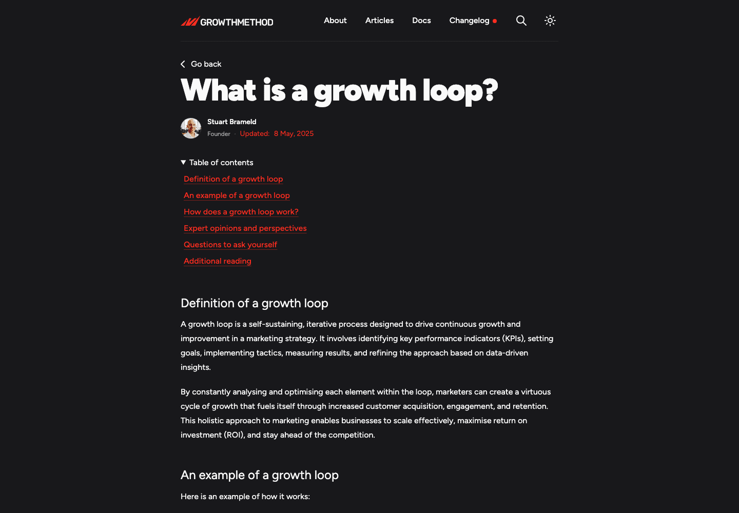 growthmethod.com's "What is a growth loop?" page: a table of contents of question headings, then a "Definition of a growth loop" heading followed by a self-contained two-sentence answer