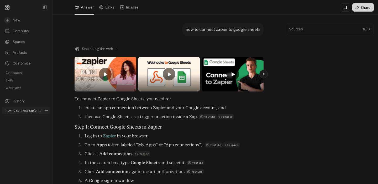 Perplexity answers "how to connect zapier to google sheets" with three video thumbnails up top and youtube citation tags next to four of the steps below