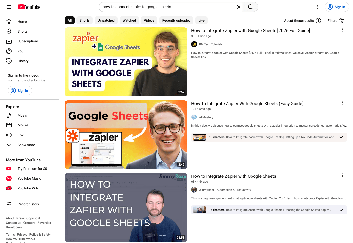 YouTube search results for "how to connect zapier to google sheets," every top title built from the same two brand names
