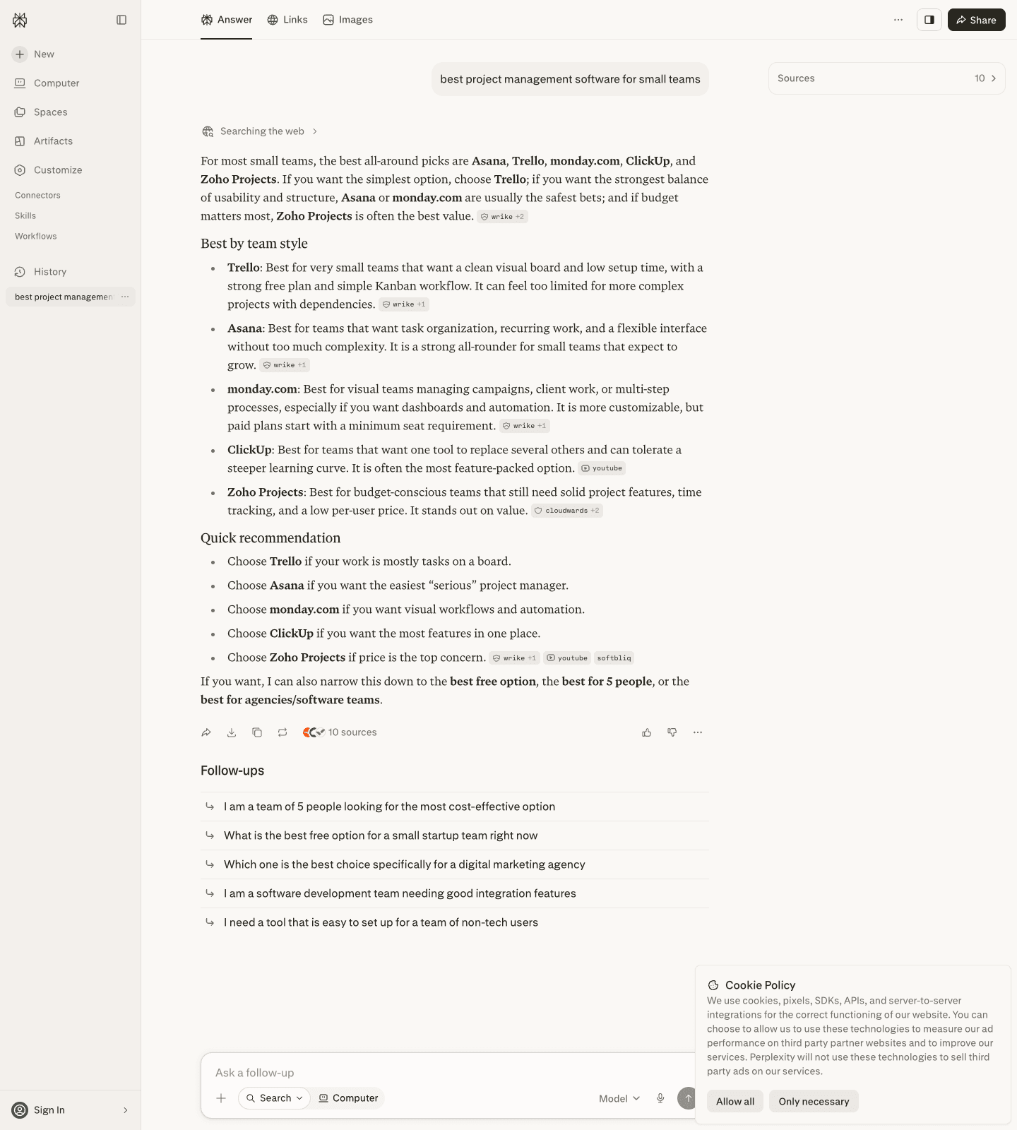 Perplexity's answer to "best project management software for small teams," naming monday.com, Asana, Trello, ClickUp, and Zoho Projects with inline source citation badges