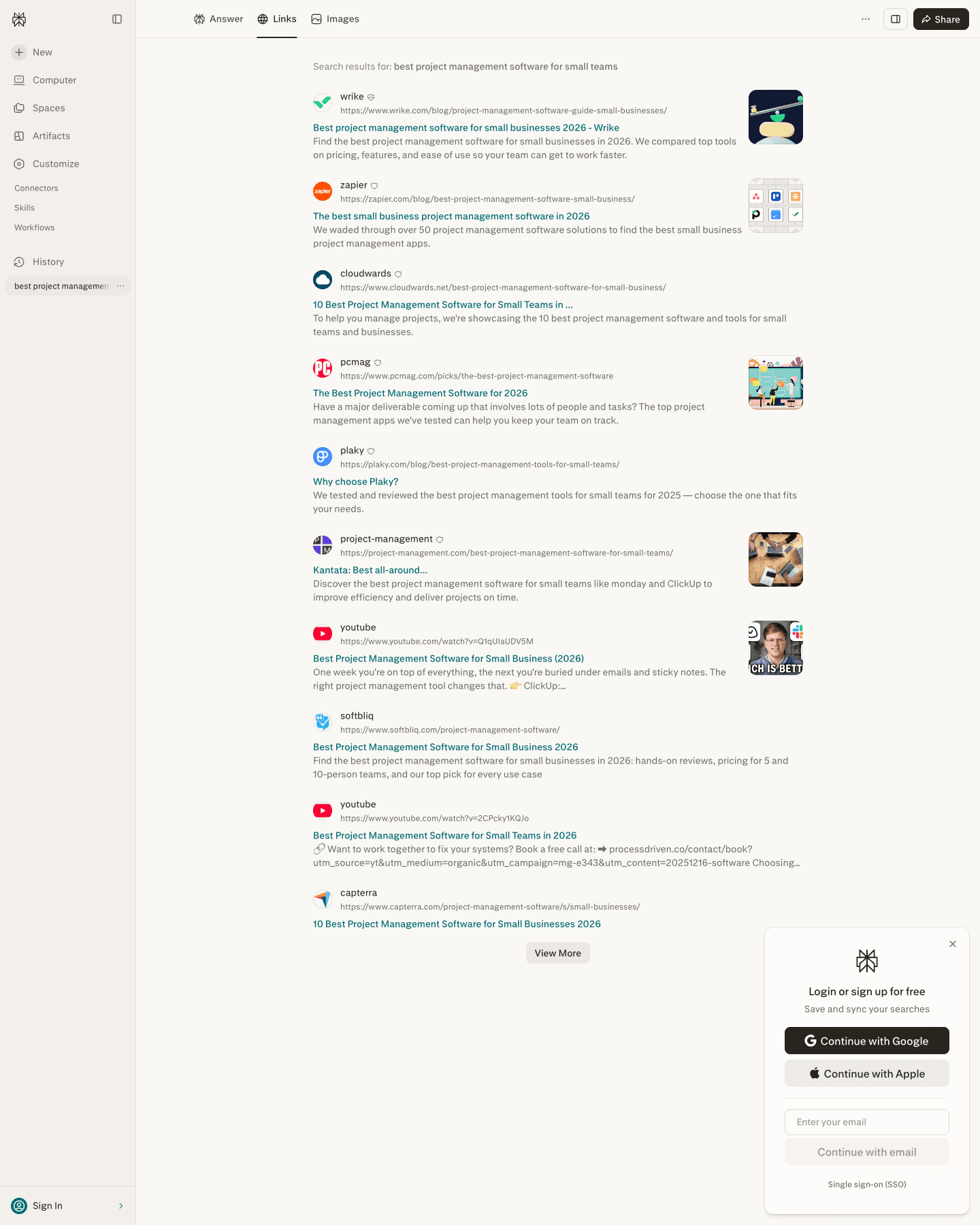 Perplexity's Links tab listing all ten sources for the query: Wrike, Zapier, Cloudwards, PCMag, Plaky, project-management.com, two YouTube videos, Softbliq, and Capterra