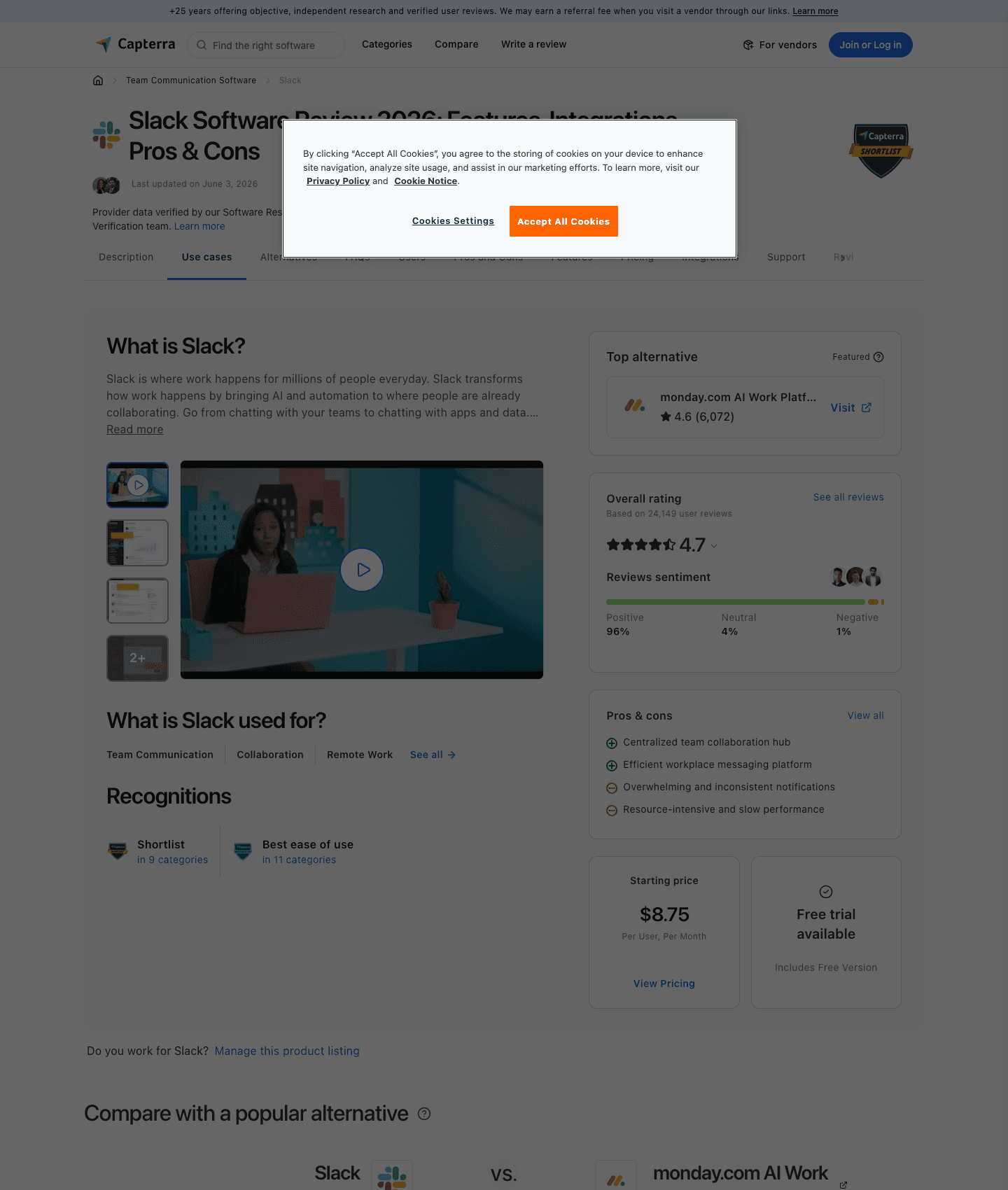 A real Capterra product profile page showing a 4.7 overall rating from 24,149 user reviews, 96% positive sentiment, a Capterra Shortlist badge, pros and cons, and starting price