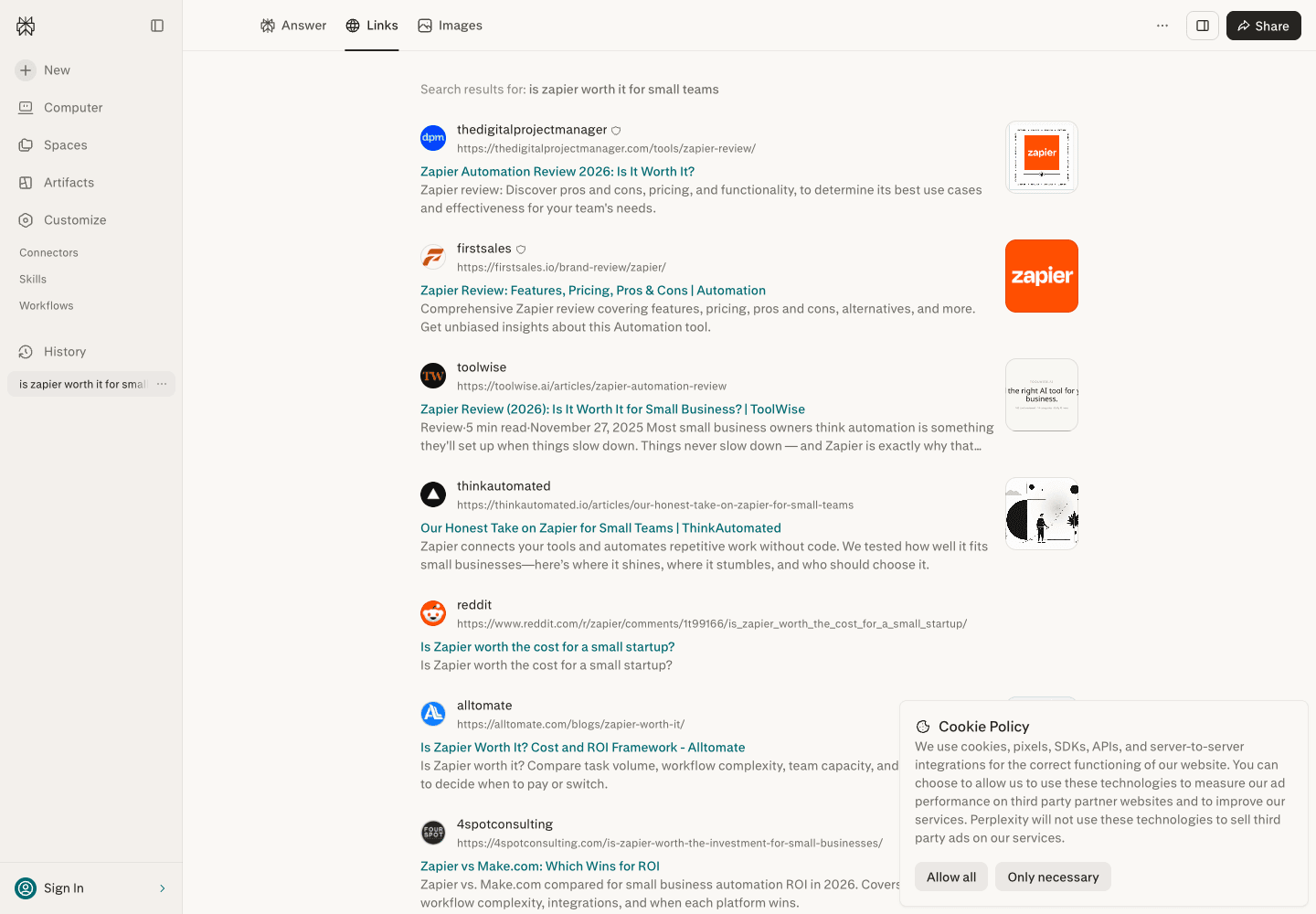 Perplexity's Links tab for the same query lists third-party review blogs and a Reddit thread as sources, with a Zapier logo appearing only as a thumbnail image pulled from inside someone else's article, not as a link to zapier.com