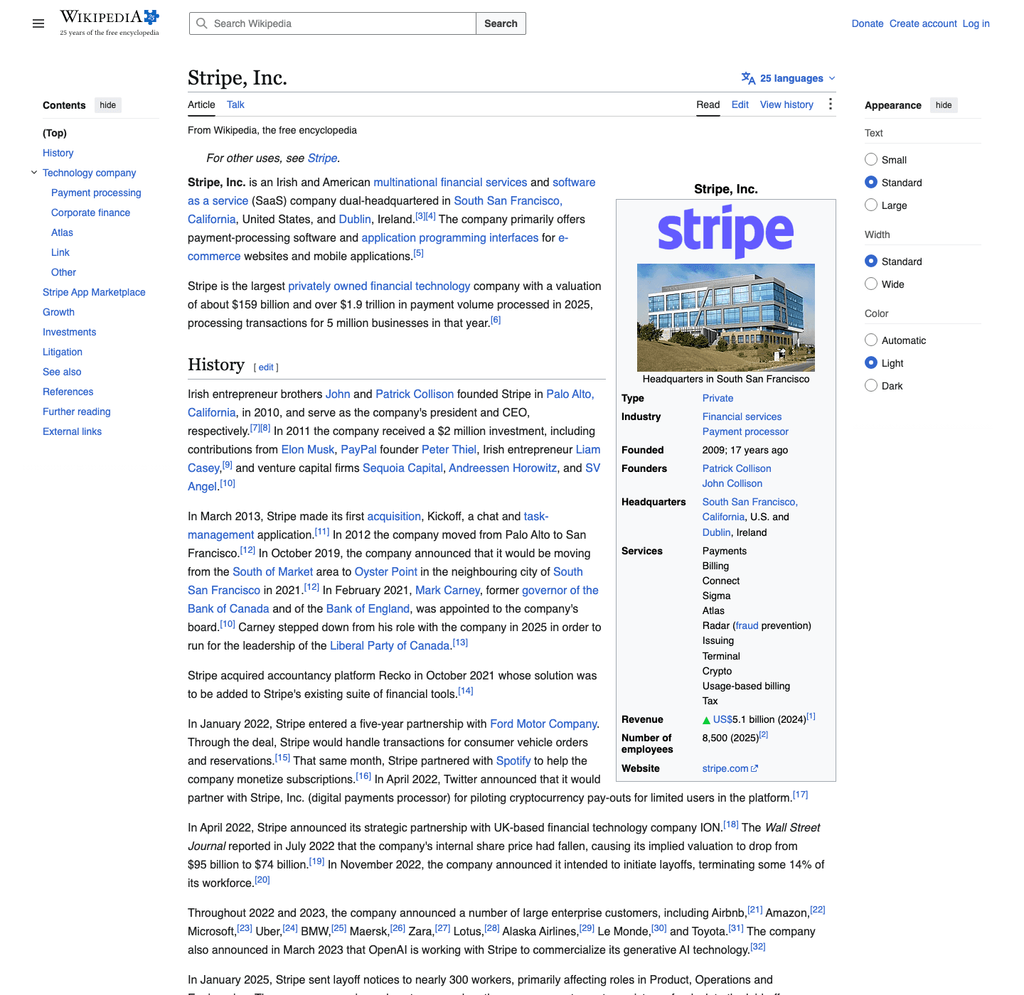 Stripe's Wikipedia infobox lists founders, founding date, headquarters, revenue, and employee count, every field footnoted