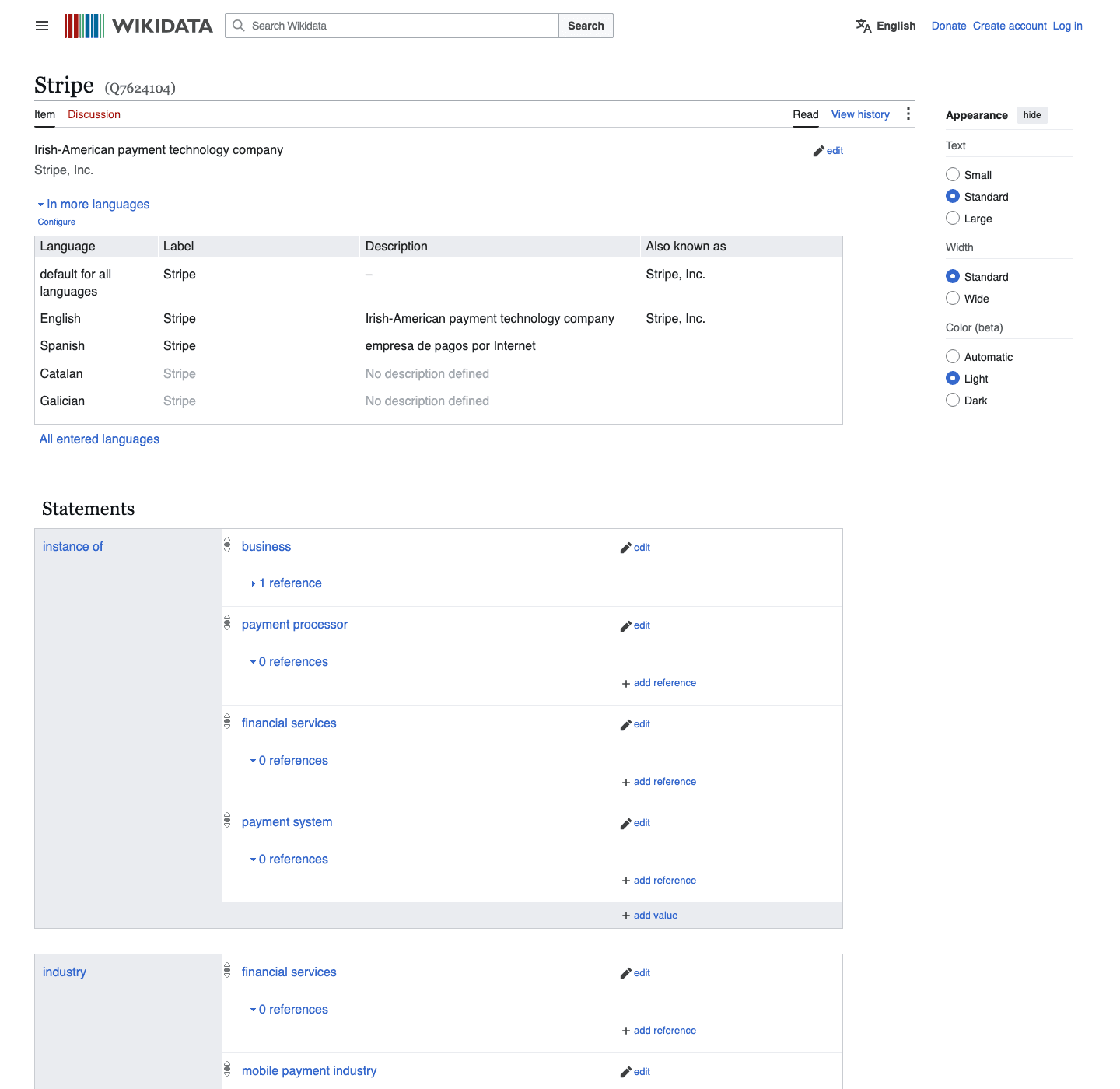 Wikidata's Stripe item lists "instance of: business, payment processor, financial services, payment system" with three of four statements showing 0 references