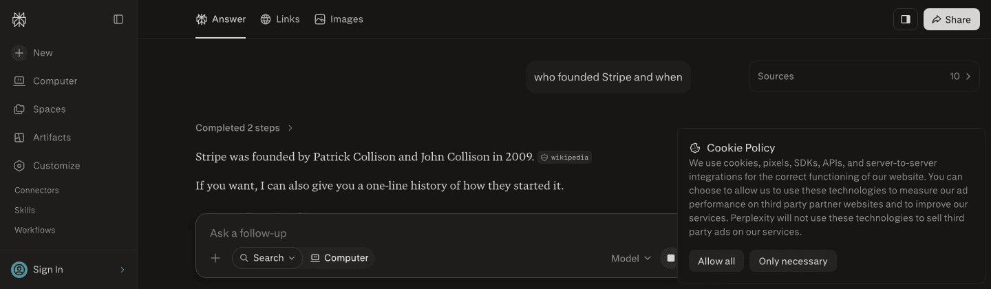 Perplexity answers that Stripe was founded by Patrick Collison and John Collison, with a wikipedia source chip directly under the sentence