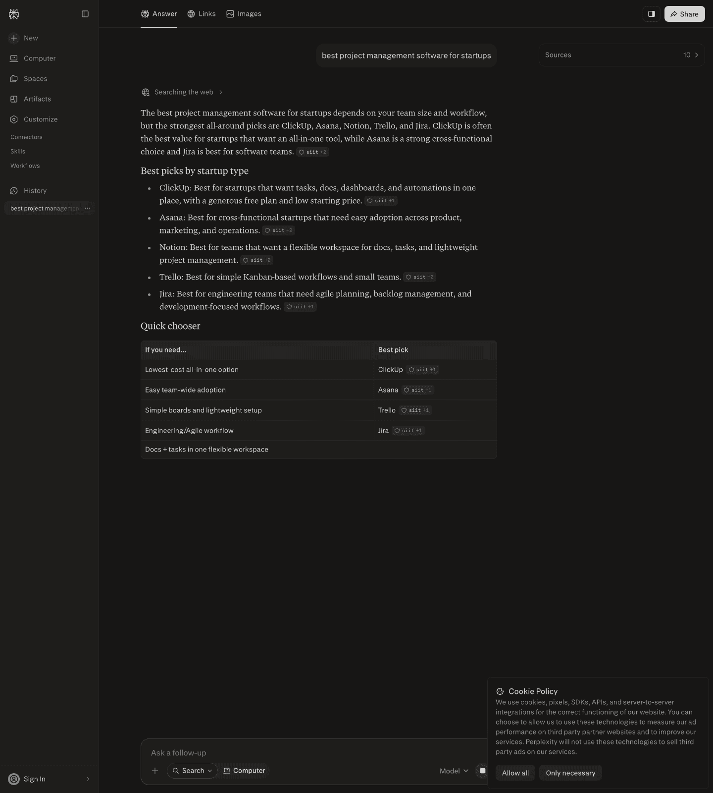 Perplexity's answer to "best project management software for startups," with inline citation badges and a Sources count of 10 top right