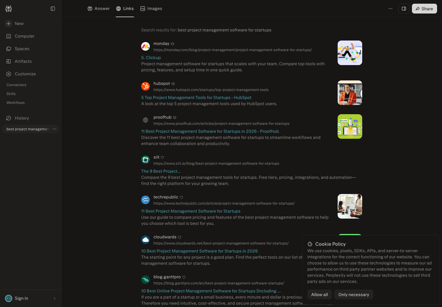 The Links tab behind that answer: monday.com, HubSpot, ProofHub, Siit, TechRepublic, and Cloudwards, every one a numbered "best" listicle