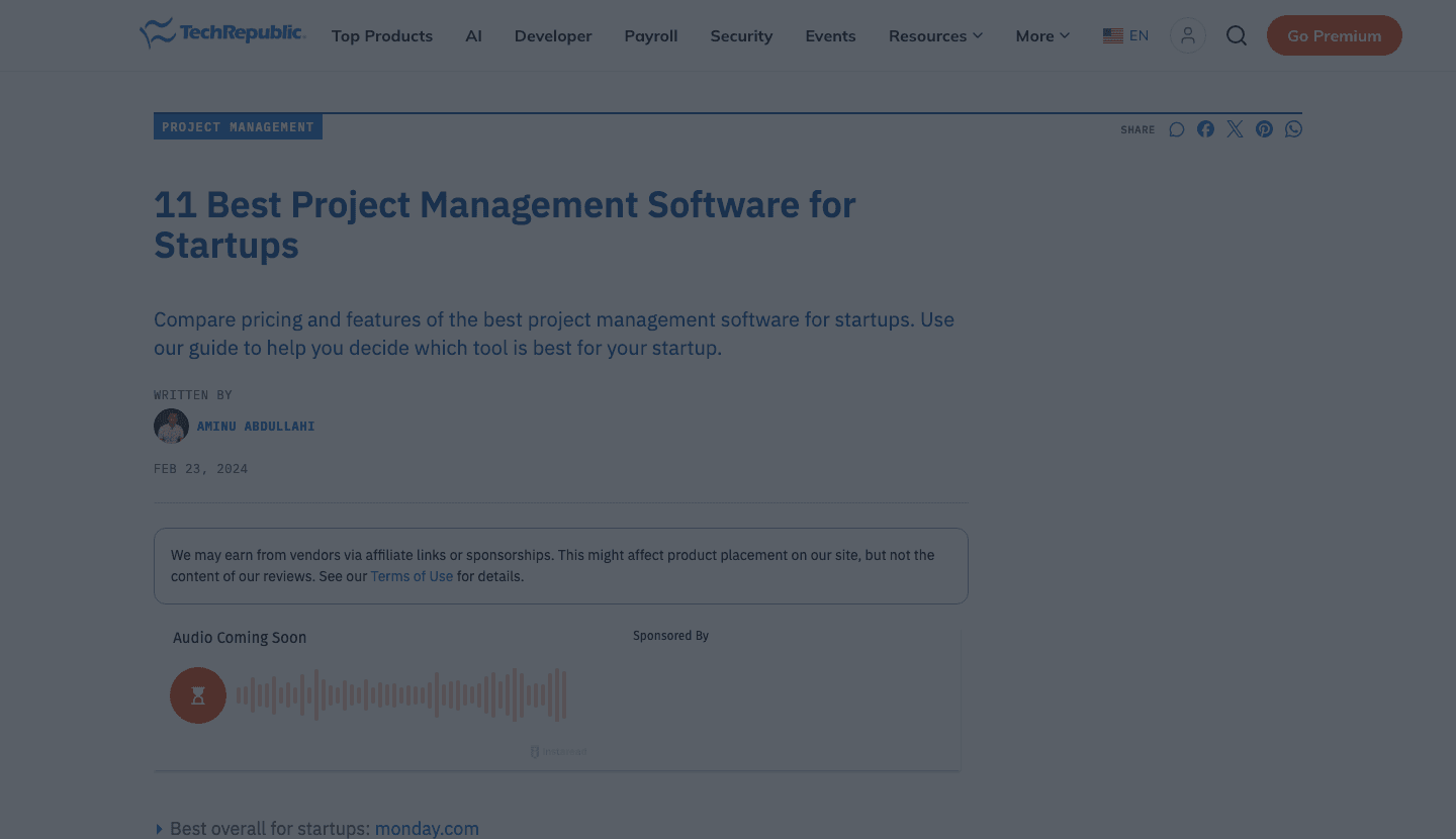 TechRepublic's "11 Best Project Management Software for Startups," one of the ten pages Perplexity pulled the answer from