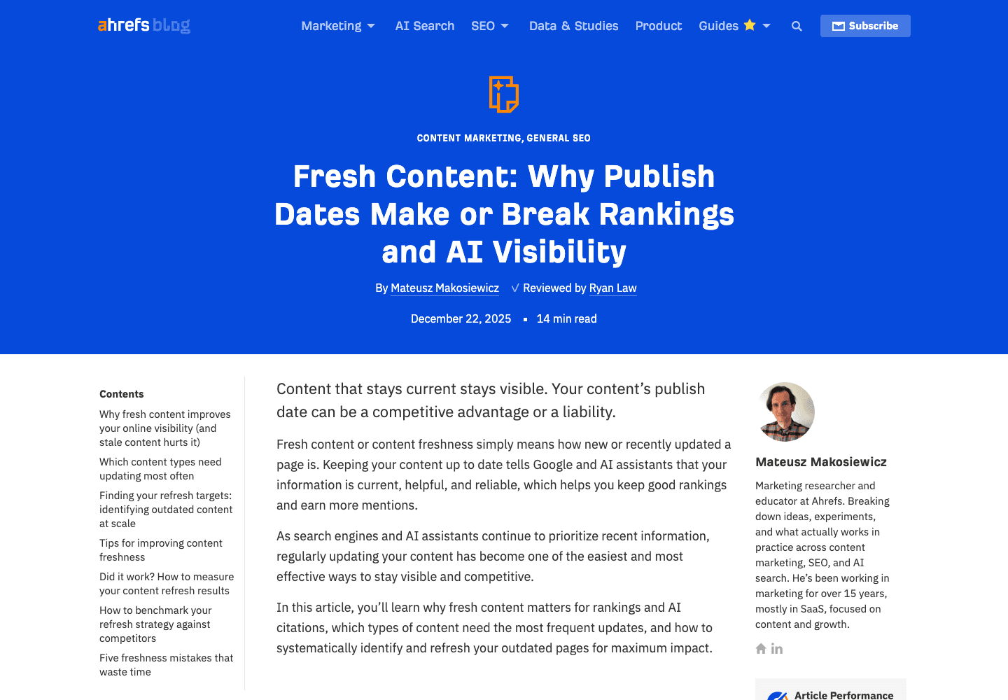 Ahrefs' fresh-content article shows a visible December 22, 2025 publish date and a 14 min read time next to the byline