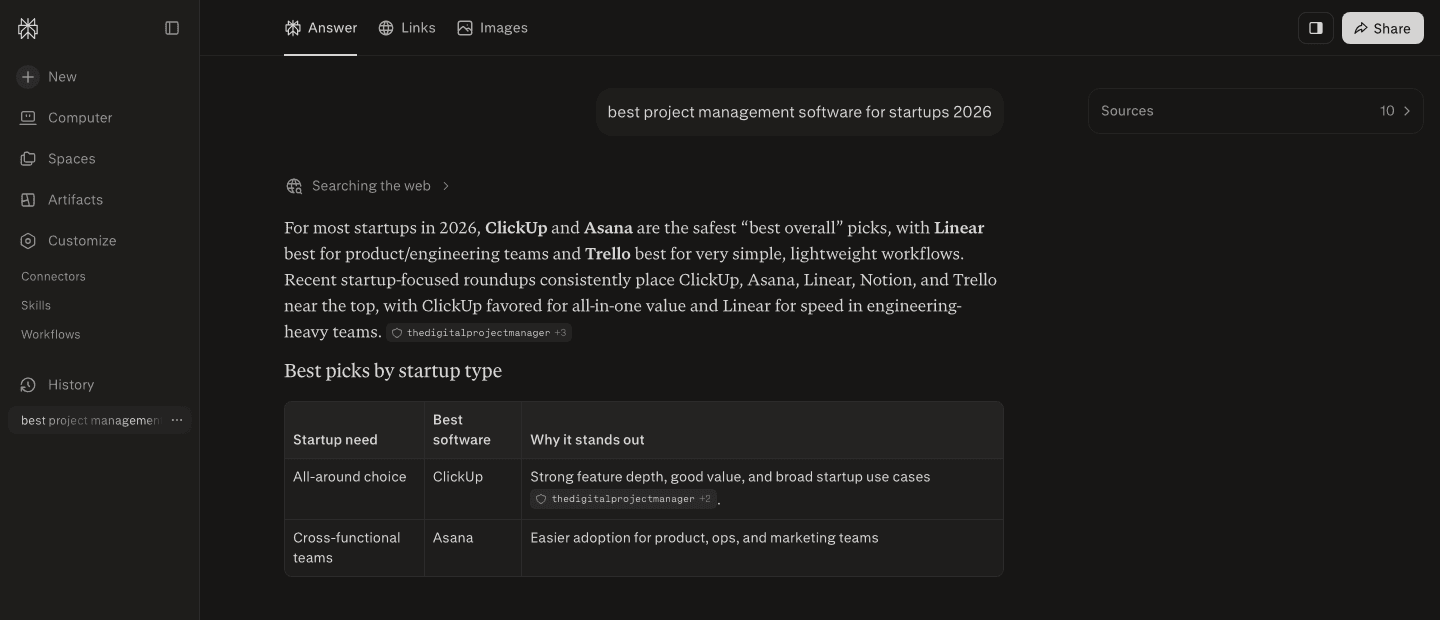 Perplexity's answer to "best project management software for startups 2026" naming ClickUp, Asana, Linear, and Trello, with a visible citation pill reading thedigitalprojectmanager +3