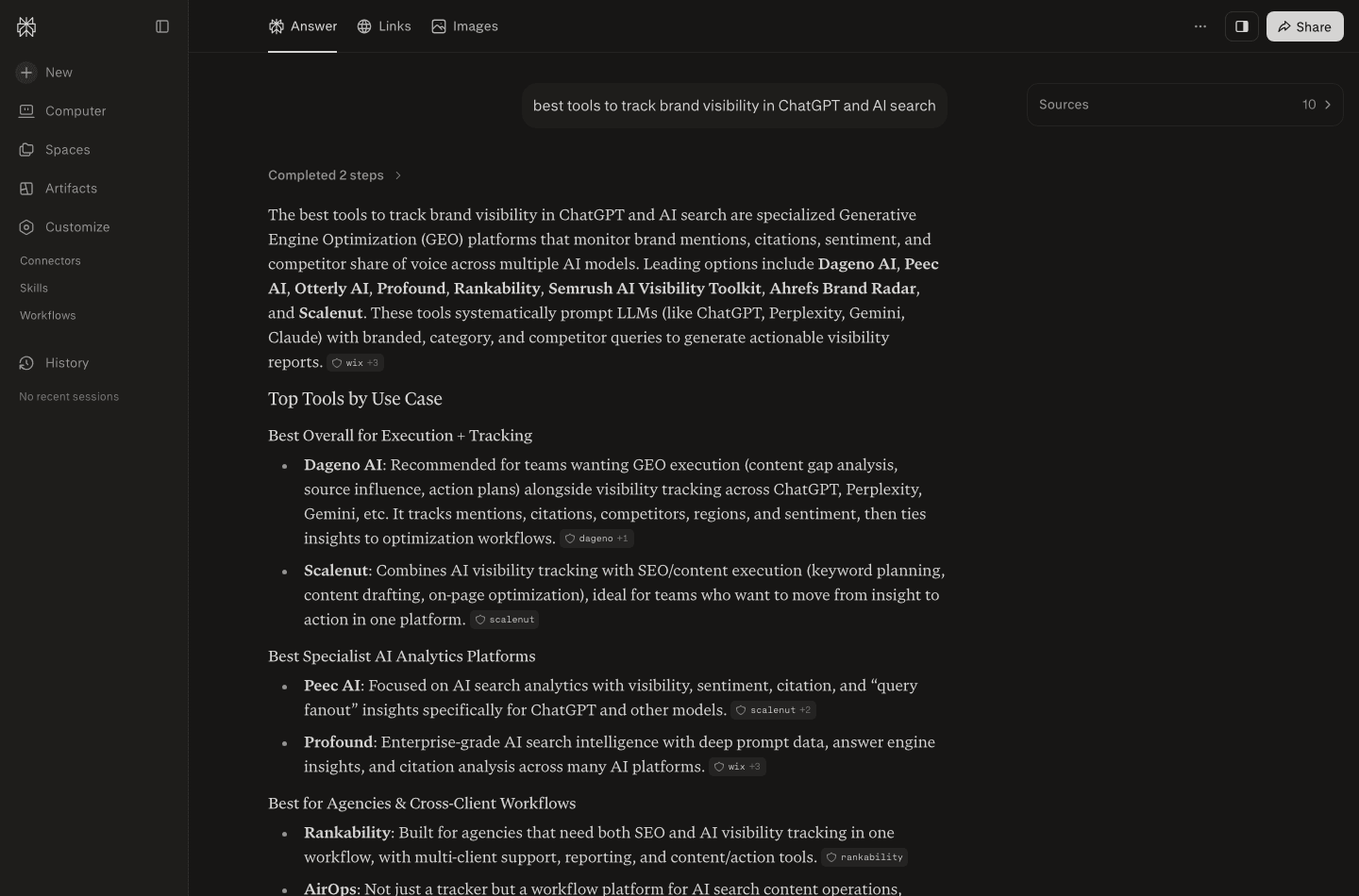 Perplexity's answer to "best tools to track brand visibility in ChatGPT and AI search", naming Dageno AI, Peec AI, Otterly AI, Profound, Rankability, and others with inline citation chips