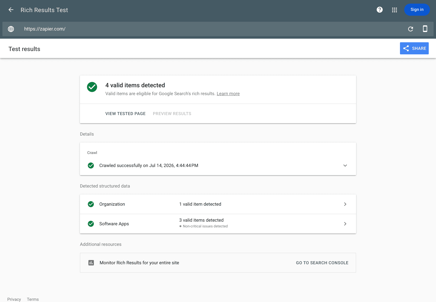Google's Rich Results Test on zapier.com: 4 valid items detected, Organization and three Software Apps entries, crawled successfully