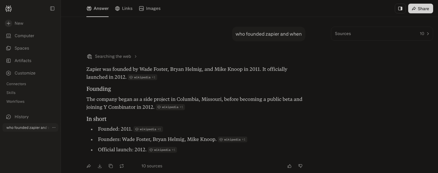Perplexity's answer names Wade Foster, Bryan Helmig, and Mike Knoop as founders in 2011, with a wikipedia source chip on every claim, 10 sources total