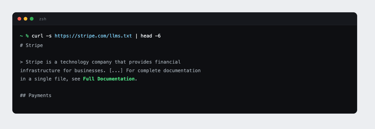 The first lines of stripe.com/llms.txt: a one-paragraph company description, a link to the full documentation file, then a section header and its list of doc pages