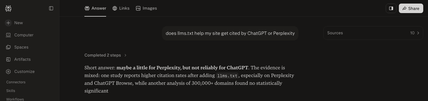 Perplexity's real answer: maybe a little for Perplexity but not reliably for ChatGPT, citing one study showing higher citation rates after adding llms.txt and another analysis of 300,000+ domains that found no statistically significant effect