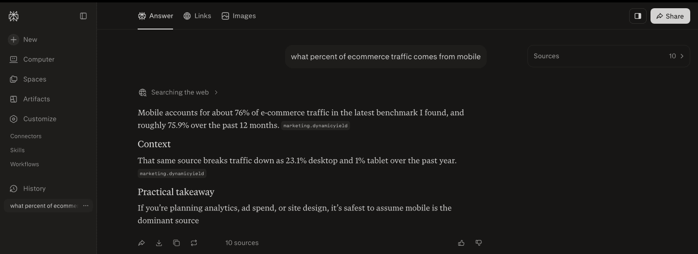 Perplexity answers "what percent of ecommerce traffic comes from mobile" with a 76% headline number, a Context line, and a Practical takeaway, both stats citing marketing.dynamicyield out of 10 sources