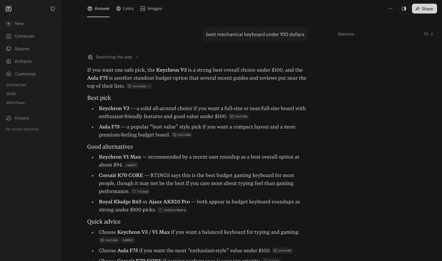 Perplexity's answer to "best mechanical keyboard under 100 dollars," with a reddit citation pill next to the Keychron V1 Max recommendation and again in the quick-advice section