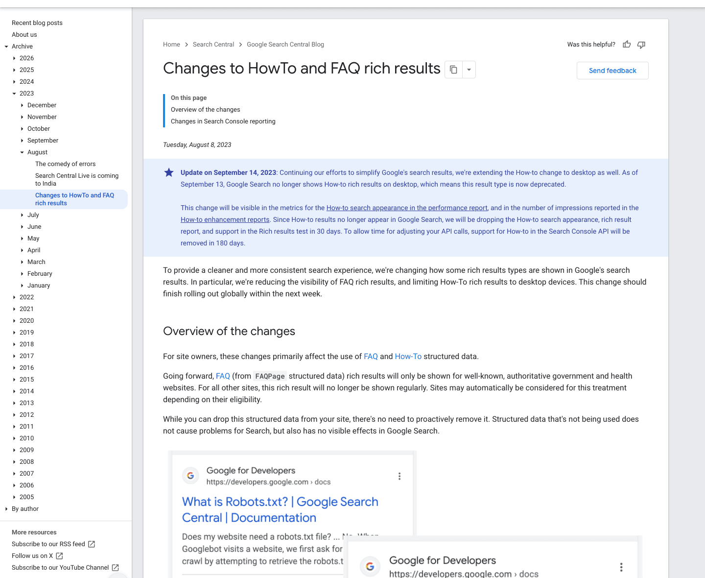 Google Search Central's blog post "Changes to HowTo and FAQ rich results," with a highlighted update box reading the How-to change now applies to desktop and FAQ rich results are limited to government and health sites