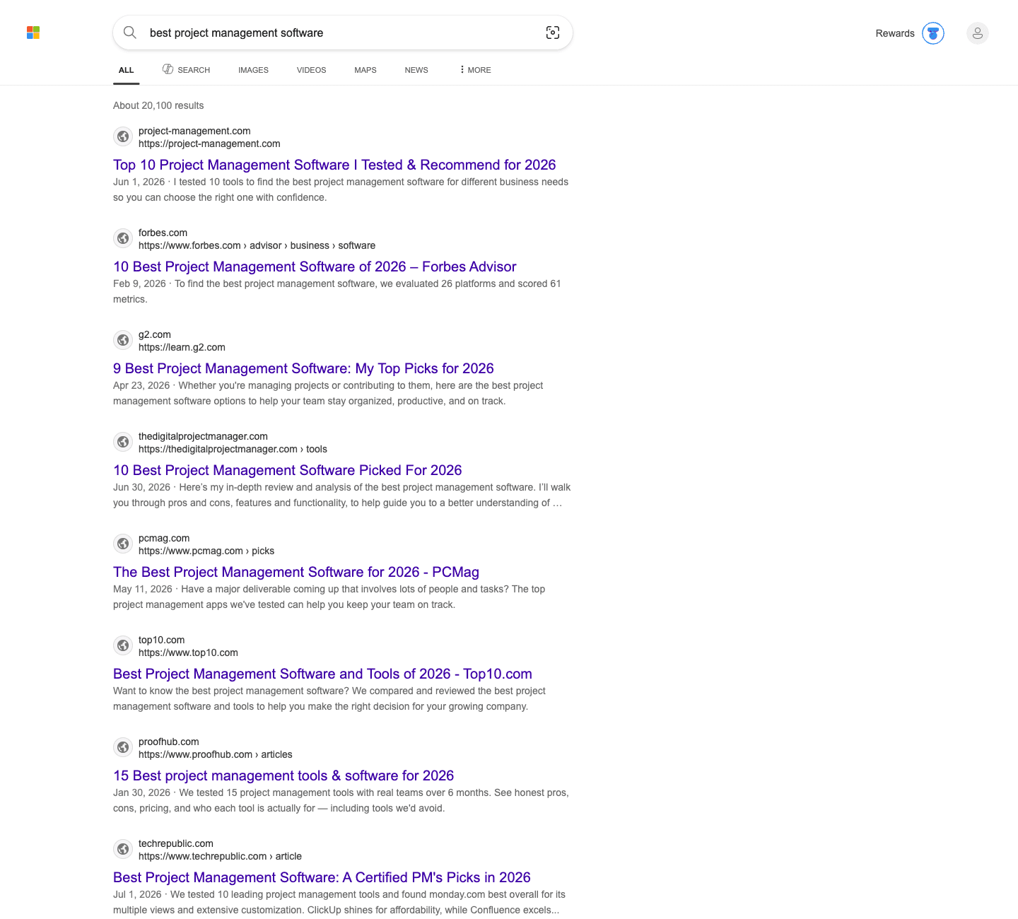 Bing's organic top 8 for "best project management software": project-management.com, Forbes, G2, thedigitalprojectmanager.com, PCMag, Top10.com, ProofHub, TechRepublic, zero vendor homepages