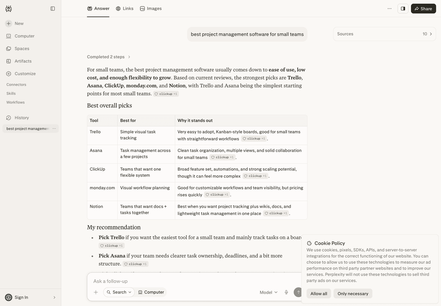 Perplexity's answer for "best project management software for small teams," recommending Trello, Asana, ClickUp, monday.com, and Notion with inline citation badges