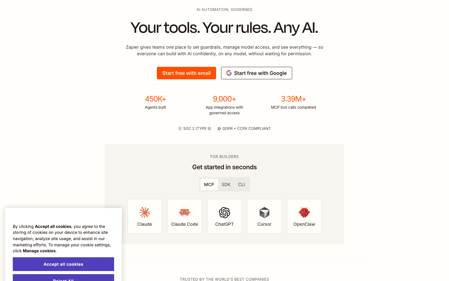 Zapier's homepage, the control variant of the valuemaxxing test