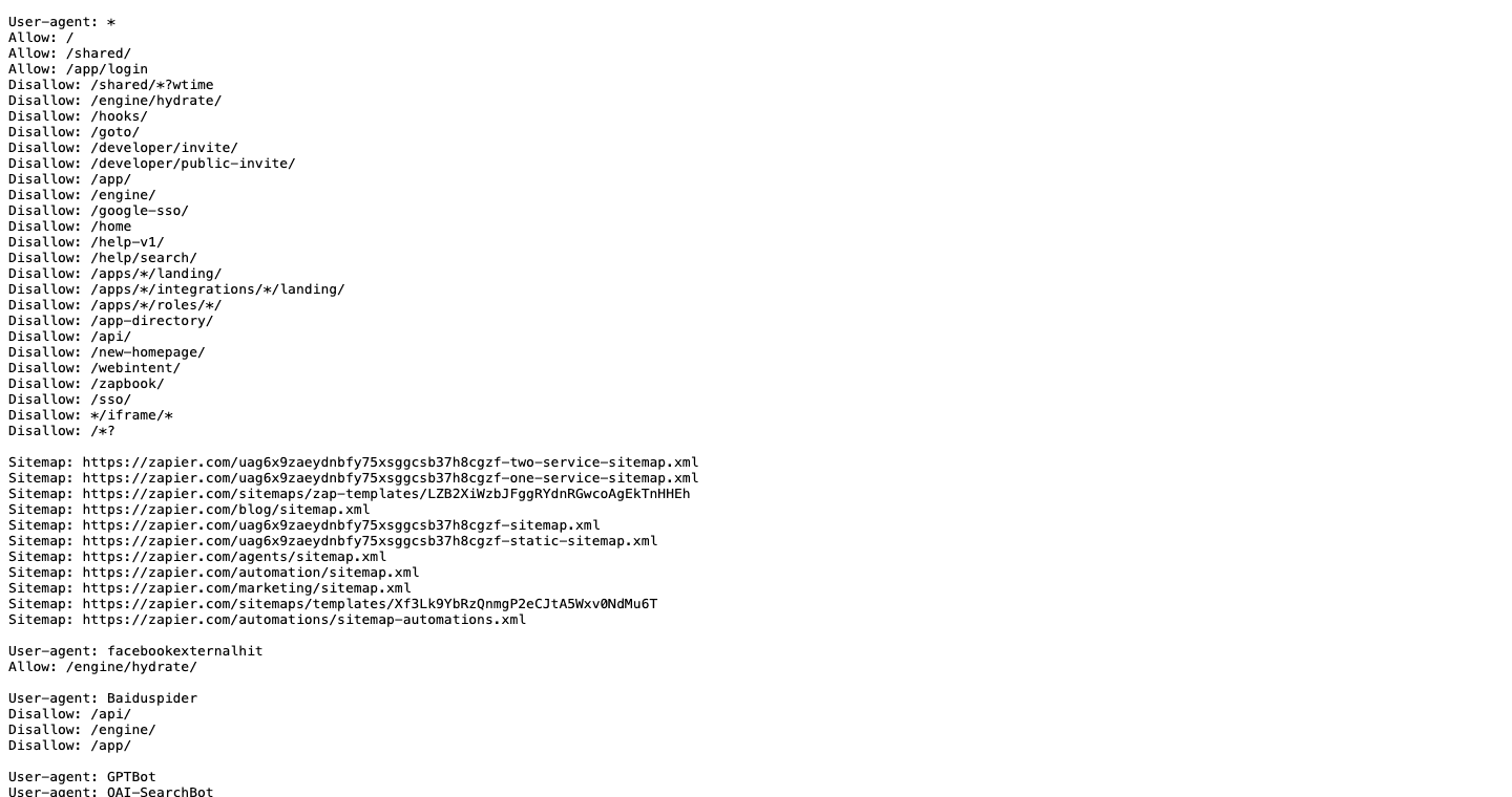 Zapier's robots.txt lists eleven sitemaps, and explicitly allows GPTBot, ClaudeBot, and PerplexityBot