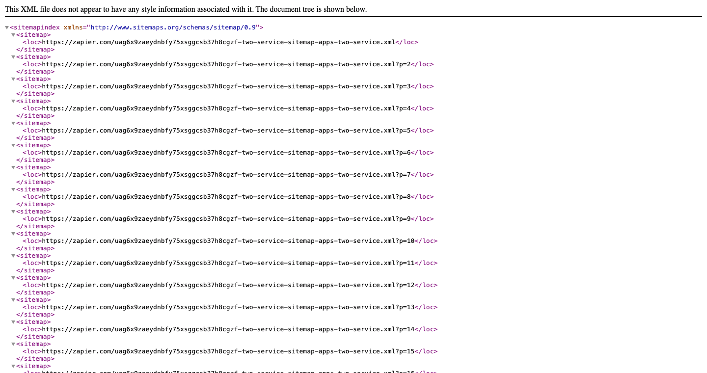 The two-service sitemap is a paginated index, page after page of app-pair URLs