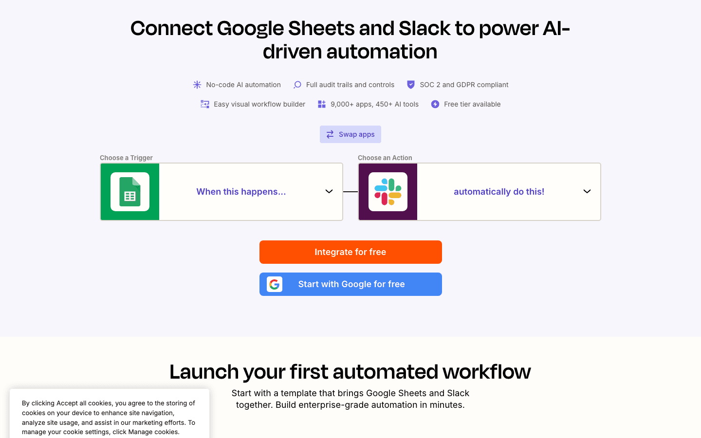 Zapier's Google Sheets and Slack page: a full landing page generated from a single template