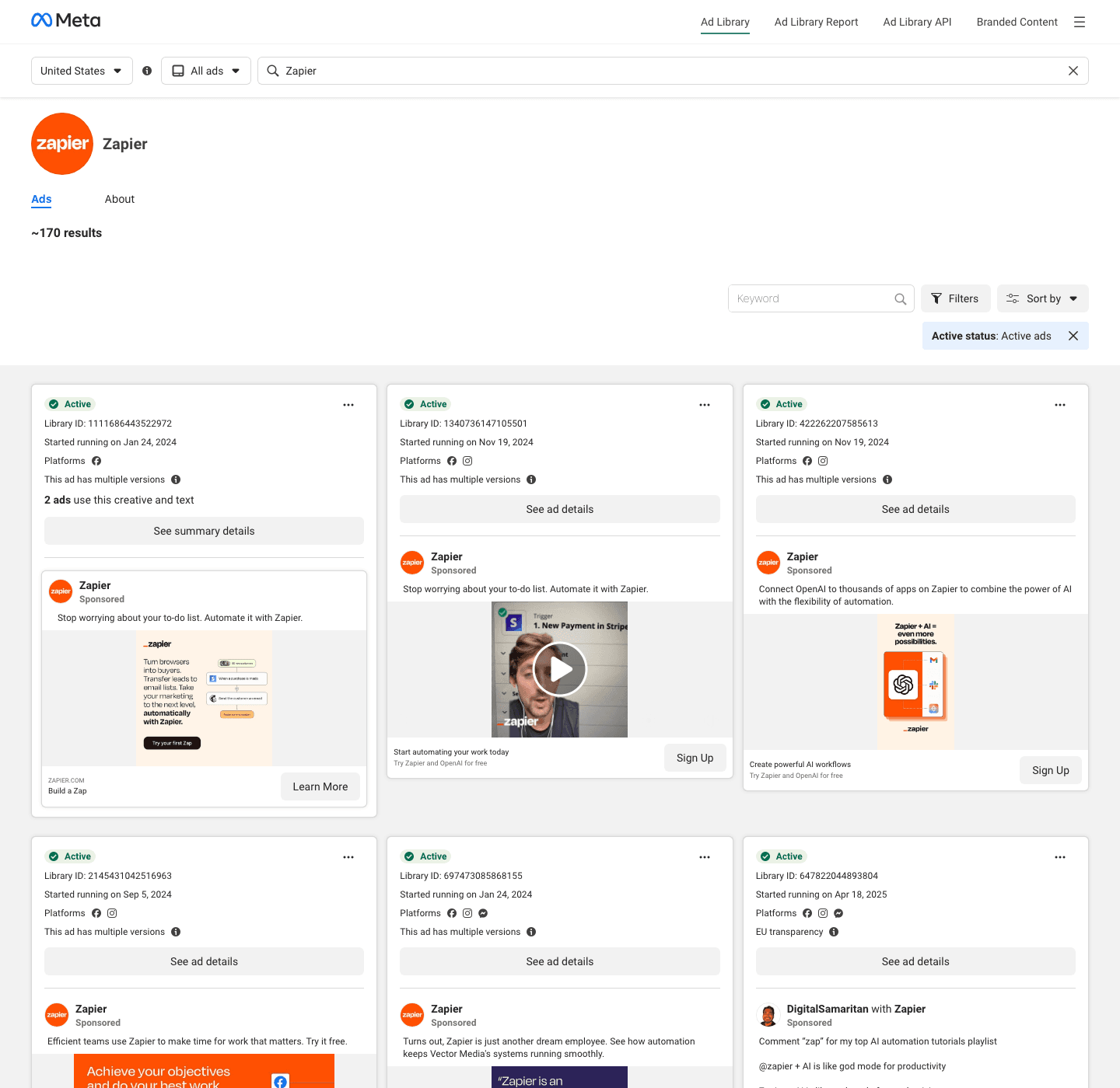 Zapier's Meta Ad Library page shows roughly 170 active ads in the US, with six cards on screen carrying four different Started running on dates from January 2024 to April 2025