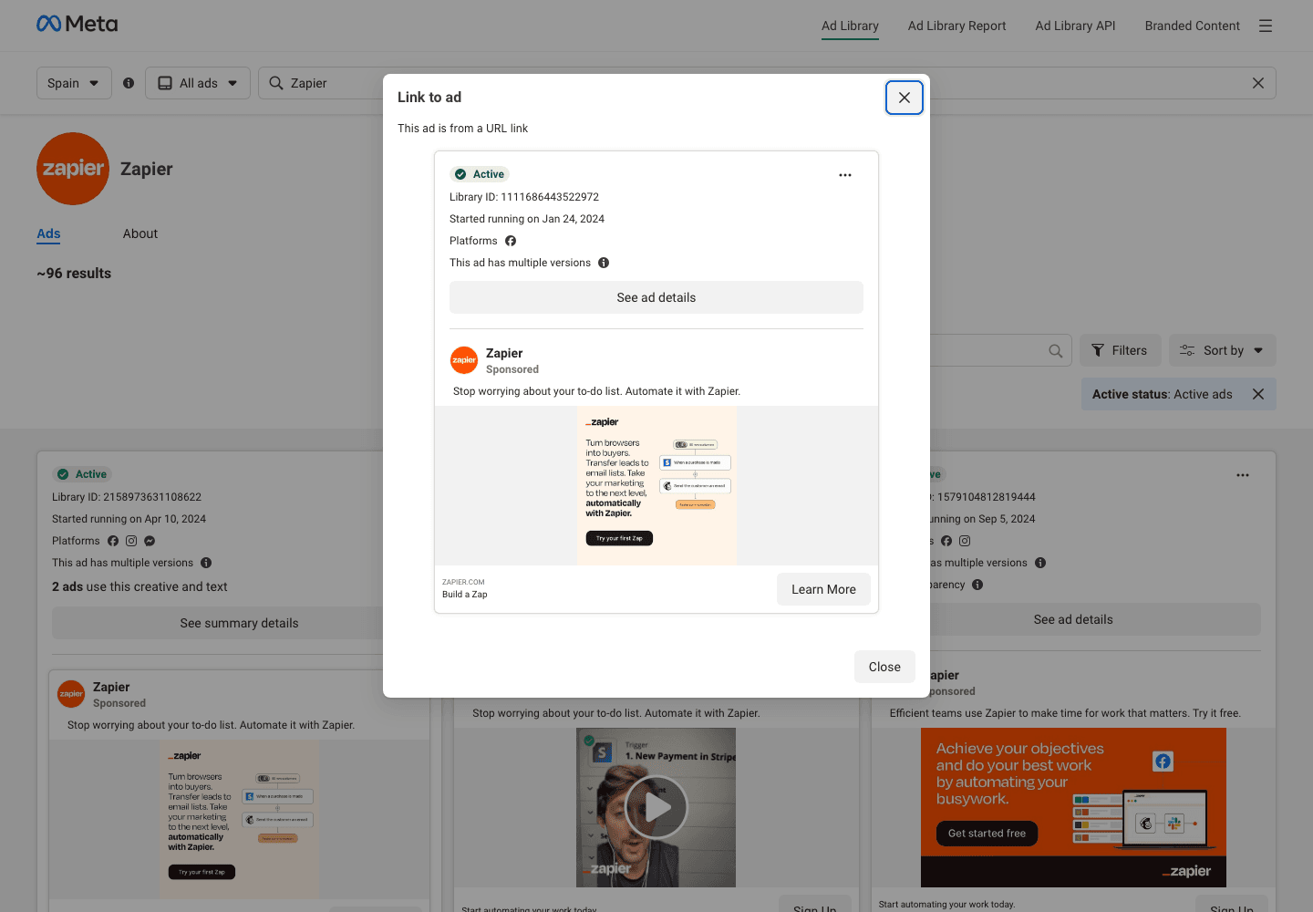 The detail view for Zapier's longest-running Meta ad, Started running on Jan 24, 2024, showing the static creative Turn browsers into buyers with a Learn More link to zapier.com