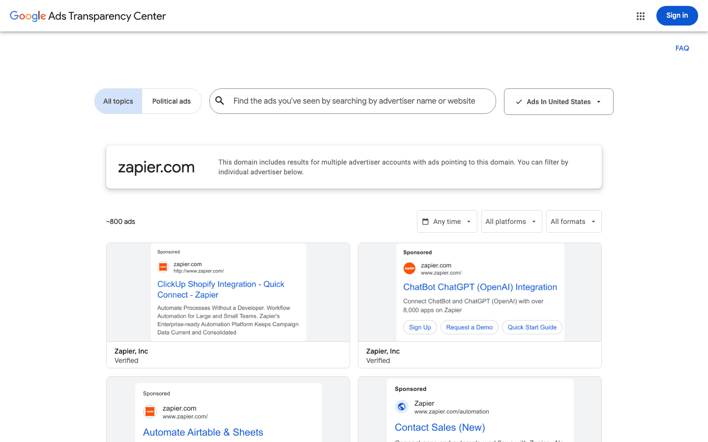 Google's Ads Transparency Center shows roughly 800 ads pointing to zapier.com across multiple verified advertiser accounts
