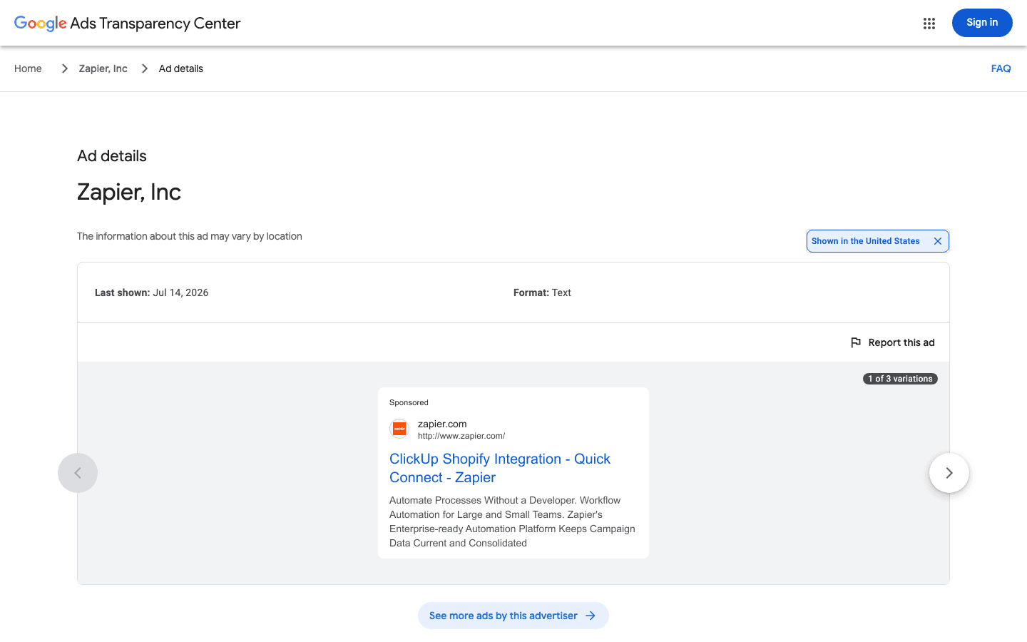 Google's ad detail view shows only a Last shown: Jul 14, 2026 field, with no start date or first-shown field anywhere on the page
