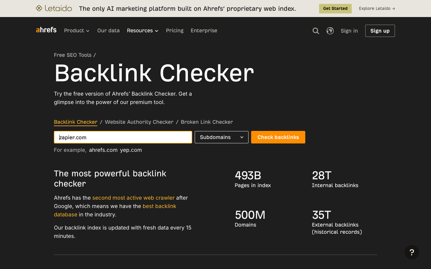 Ahrefs' free Backlink Checker landing page with zapier.com typed into the search box, ready to run