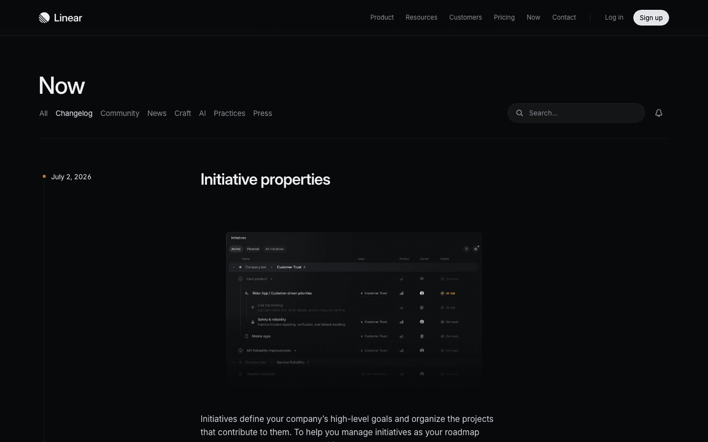 Linear's public changelog page, "Now" section, showing the July 2, 2026 entry "Initiative properties" as the newest item