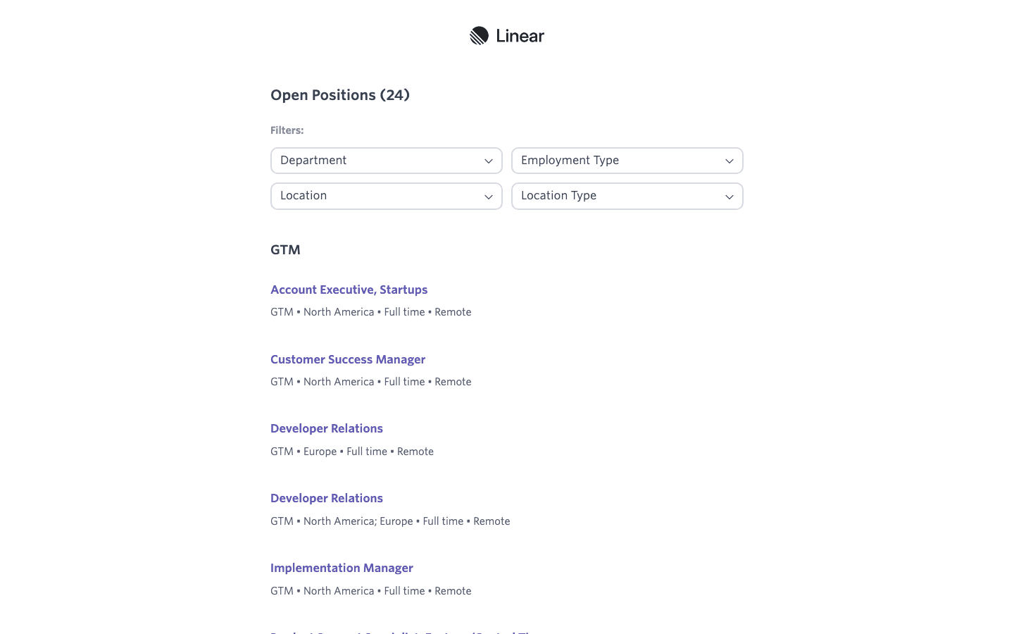 Linear's Ashby-hosted jobs board lists 24 open positions split across GTM, Operations, and Product