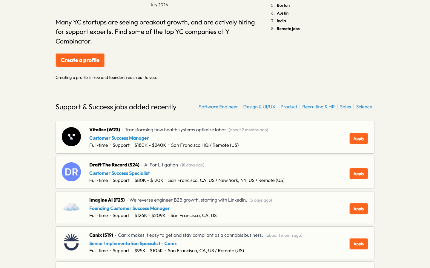 YC's Support & Success jobs filter showing Vitalize, Draft The Record, Imagine AI, and Canix with post dates and pay ranges