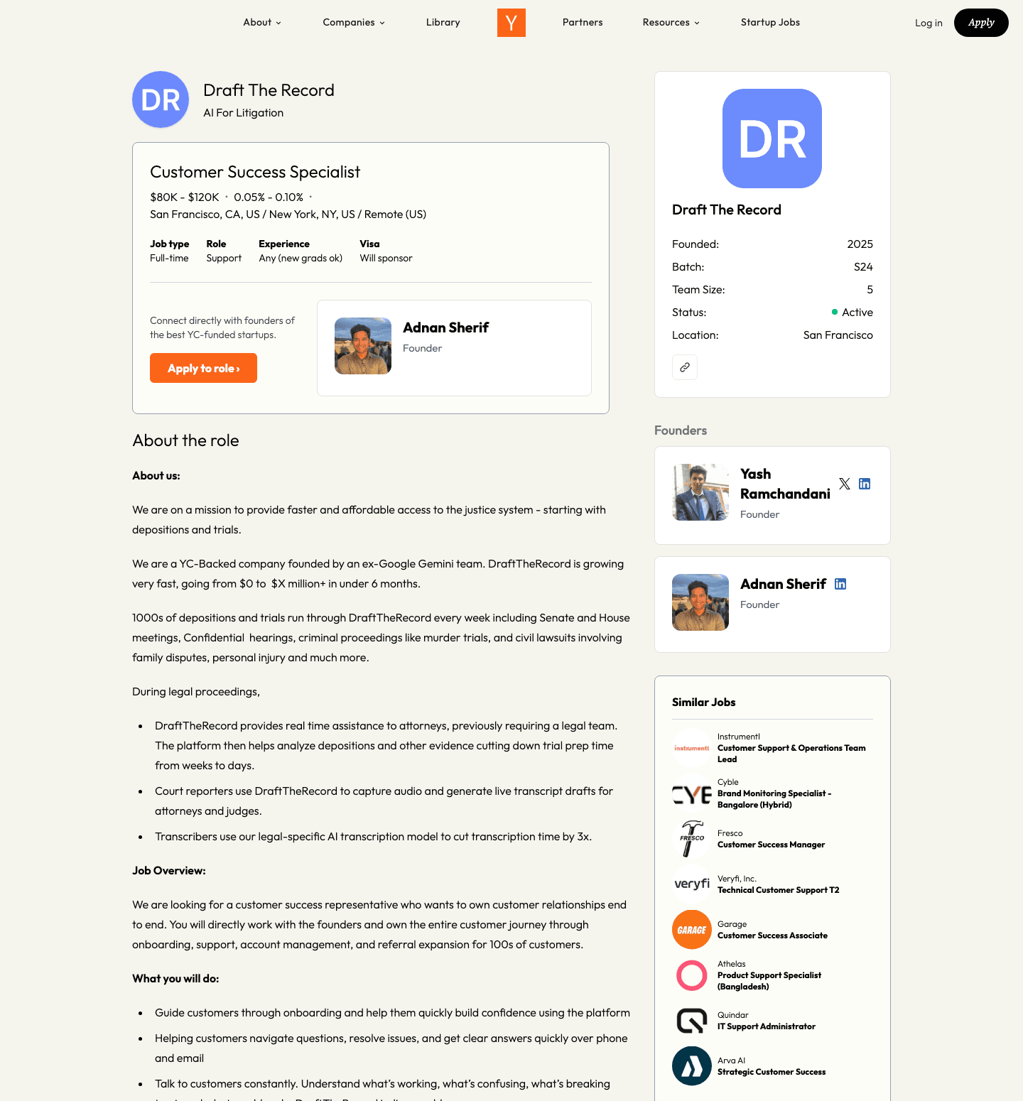 Draft The Record's Customer Success Specialist listing showing team size, batch, salary, and the "What you will do" task bullets