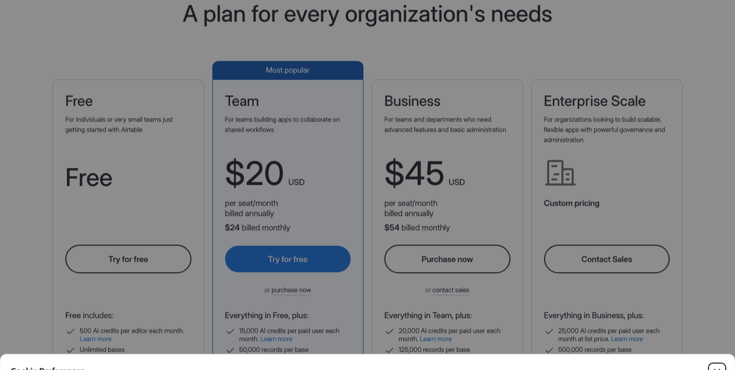 Airtable's July 2026 pricing page: Free, Team at $20 per seat billed annually, Business at $45, and a custom Enterprise Scale tier, each with its own monthly AI-credit allowance