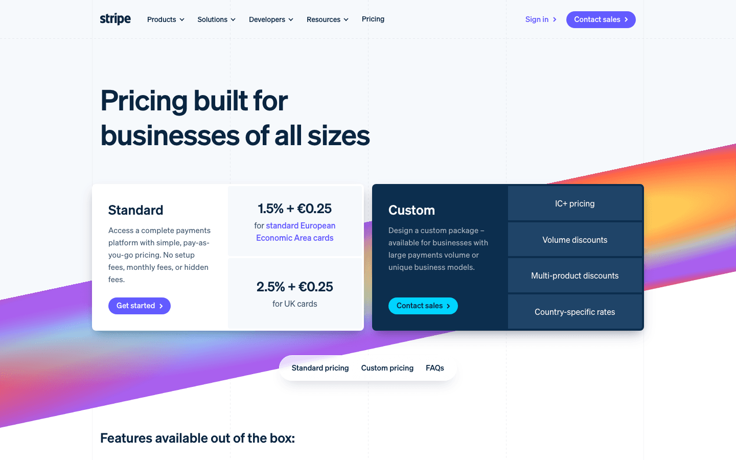 Current Stripe pricing page, showing tiers renamed Standard and Custom, with region-specific rates of 1.5 percent for EEA cards and 2.5 percent for UK cards