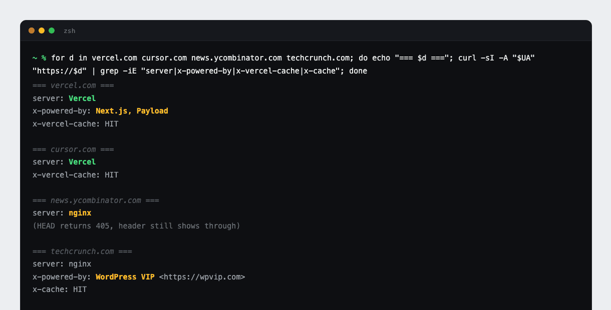 curl against vercel.com, cursor.com, news.ycombinator.com, and techcrunch.com shows Vercel, bare nginx, and WordPress VIP stacks side by side