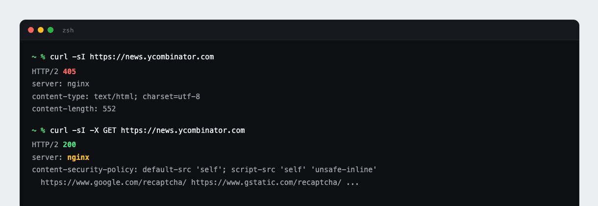 curl -sI against Hacker News returns 405, curl -sI -X GET returns 200 with bare nginx headers underneath