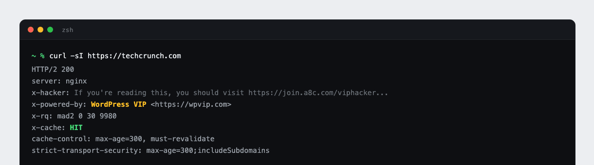 Full header block for techcrunch.com showing x-powered-by WordPress VIP, x-cache HIT, and the x-hacker easter egg header