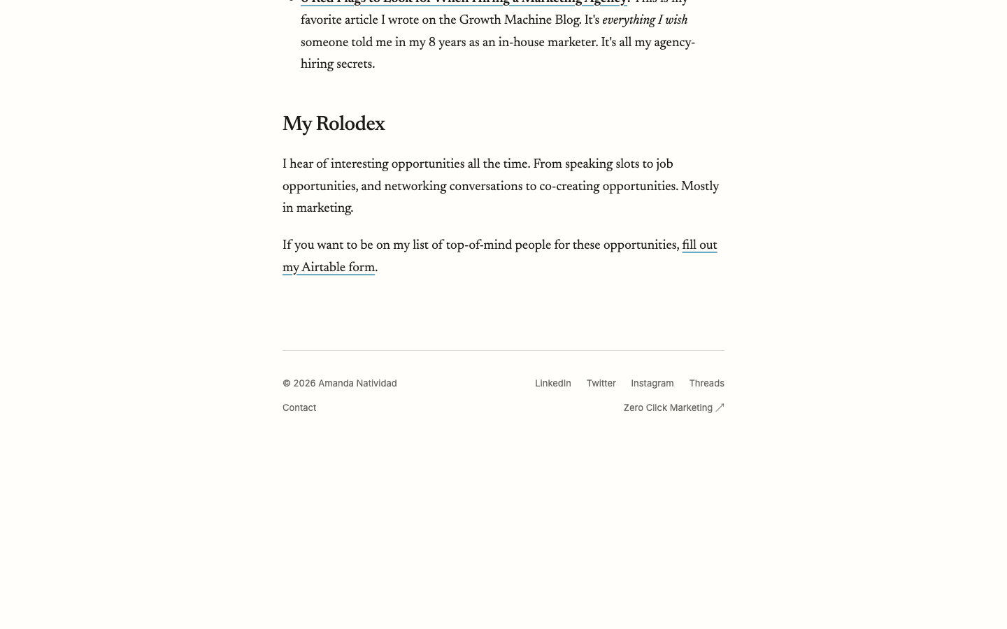 Amanda Natividad's about page, "My Rolodex": she hears speaking slots, jobs, and co-creating asks, and links an Airtable form