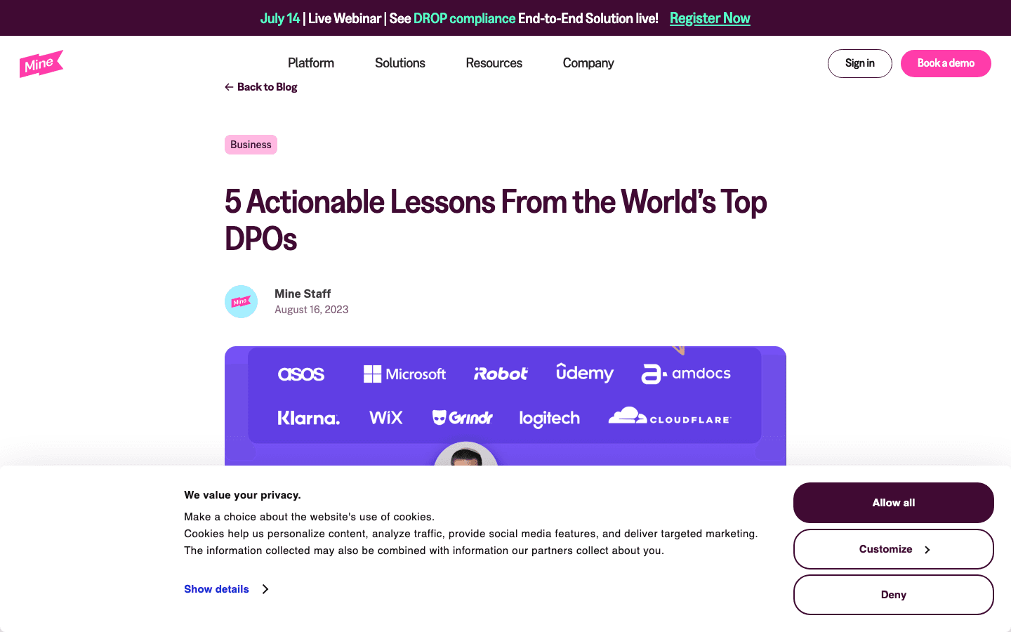 Mine's "5 Actionable Lessons From the World's Top DPOs" article, its banner naming ASOS, Microsoft, iRobot, Udemy, Amdocs, Klarna, Wix, Grindr, Logitech, and Cloudflare
