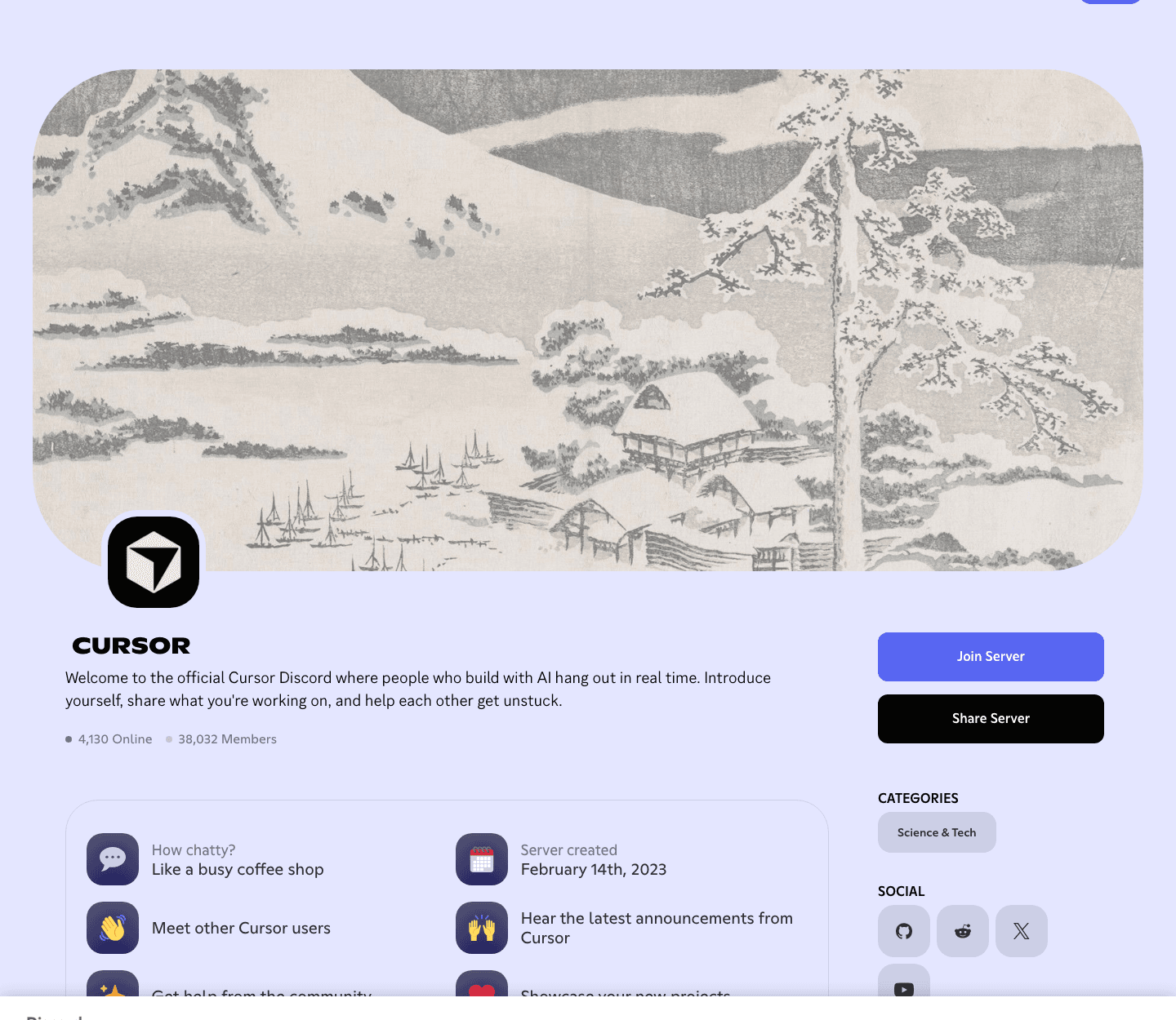 Cursor's official Discord server page: 38,032 members, 4,130 online, created February 14th 2023, listed under the Science & Tech category