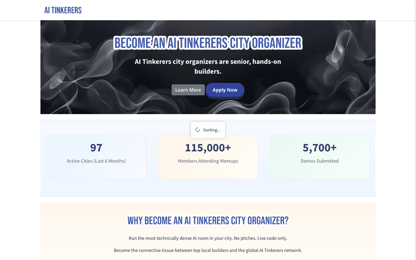 AI Tinkerers' organizer recruiting page opens with three stats: 97 Active Cities, 115,000+ Members Attending Meetups, 5,700+ Demos Submitted
