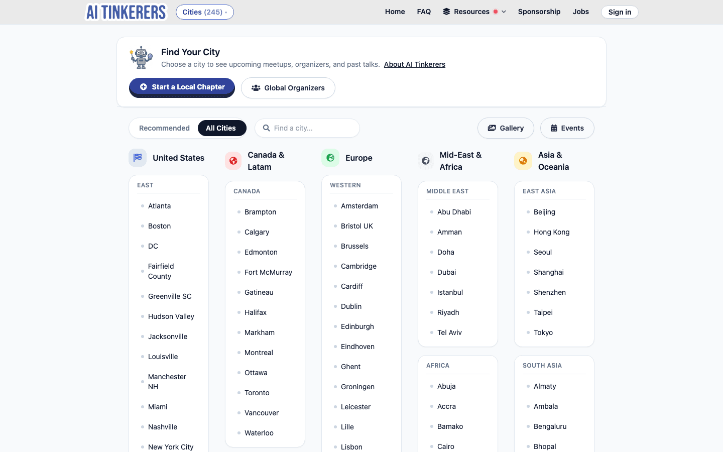 The AI Tinkerers directory lists 245 cities across five regions, each running its own local chapter with its own organizer and calendar