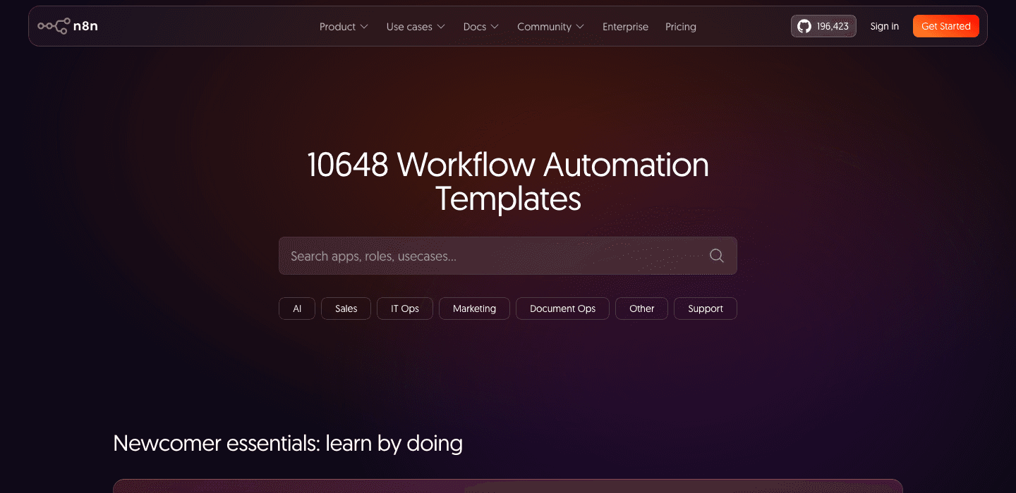 n8n's workflow library headline: 10,648 workflow automation templates, browsable by category